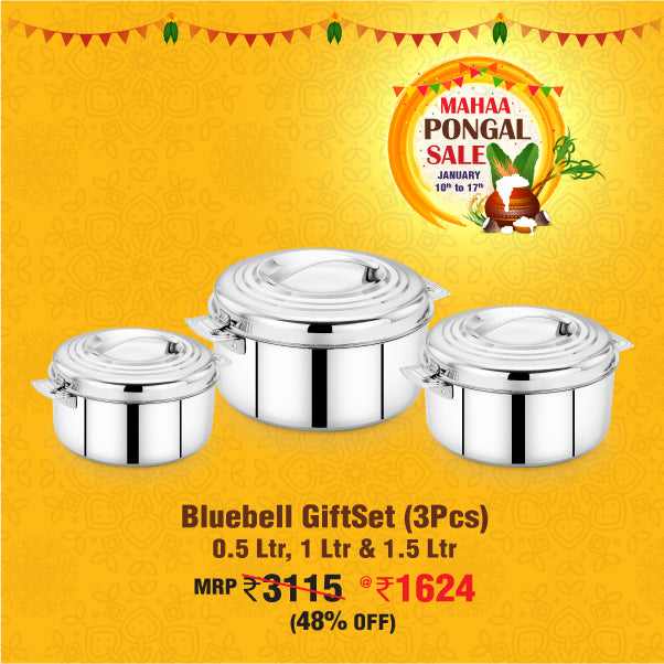 PONGAL OFFER #1: BLUEBELL - DOUBLE WALLED CASSEROLE - GIFTSET(500ML-1000ML-1500ML) 48% OFF