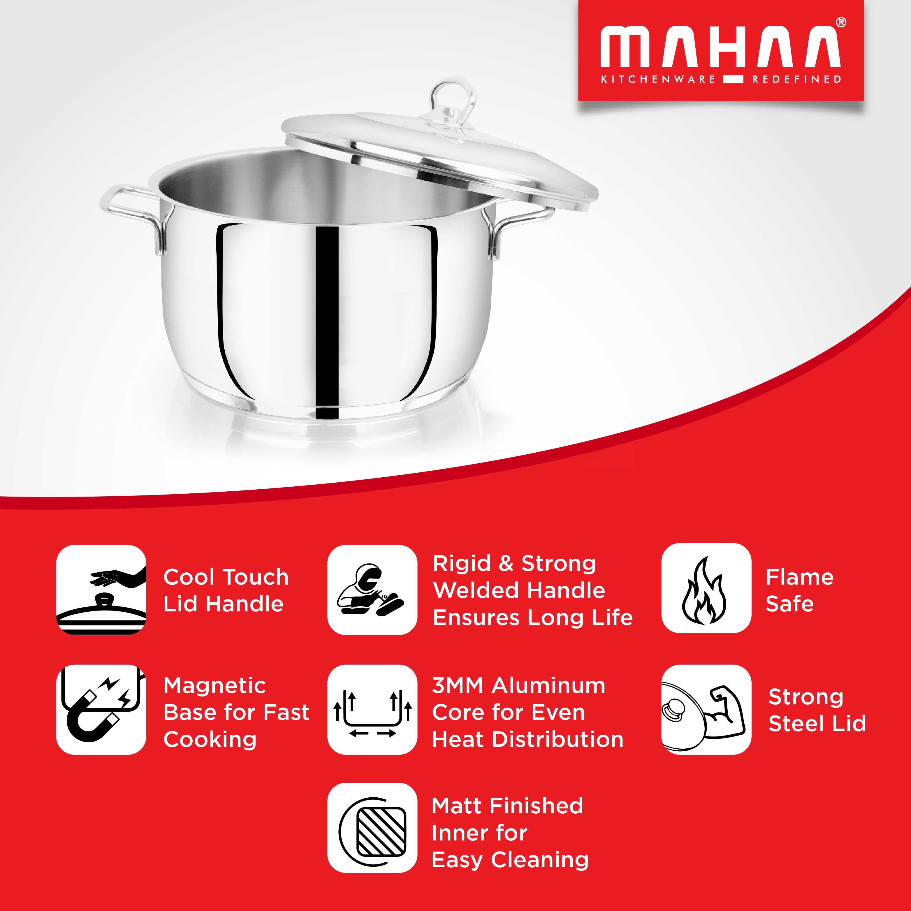 Mahaa offers #2: Avanti Cooking Pot - Encapsulated Triply Bottom (9.5Ltr) MRP ₹ 3690 + Cooking Vessel Triply Encapsulated Bottom 304 Grade (3Ltr) MRP ₹ 1200