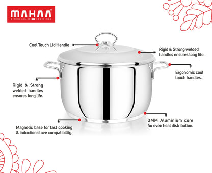 Avanti Cooking Pot / Biryani Pot - 304 Grade - Triply Bottom with Lid - Induction and Gas compatible (30% Off)