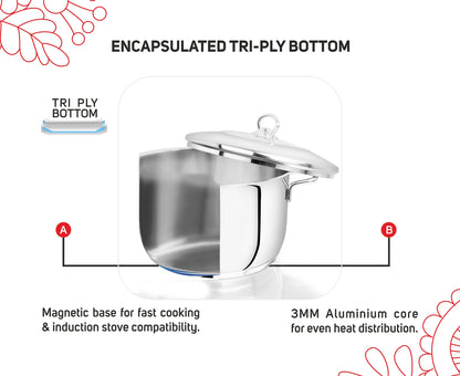 Avanti Cooking Pot / Biryani Pot - 304 Grade - Triply Bottom with Lid - Induction and Gas compatible (30% Off)
